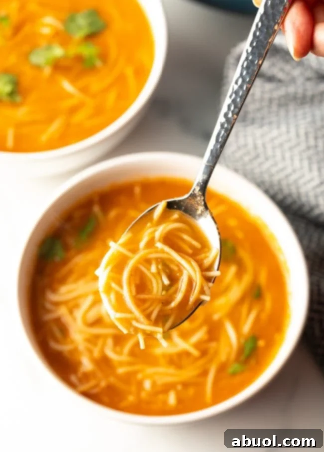 Top view of a spoon with a bite of Mexican Sopa de Fideo towards the camera.