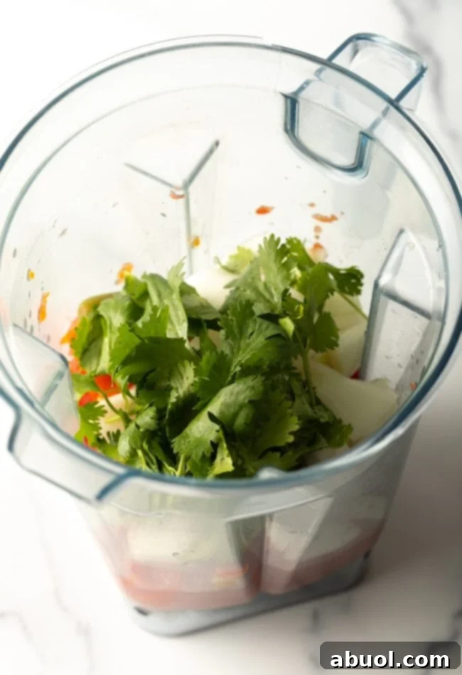 Blender jar, top view, with cilantro added to other ingredients, ready for blending.