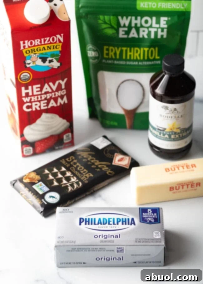 Ingredients needed: cream cheese, butter, whipping cream, dark chocolate, erythritol, and vanilla extract.