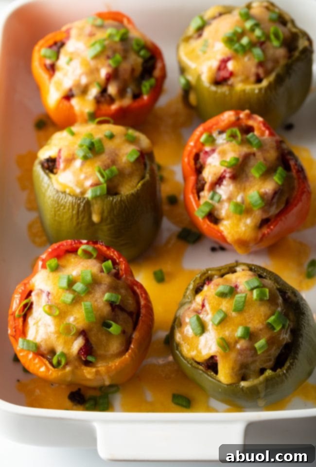 Top view baked stuffed peppers with cheese and scallions.