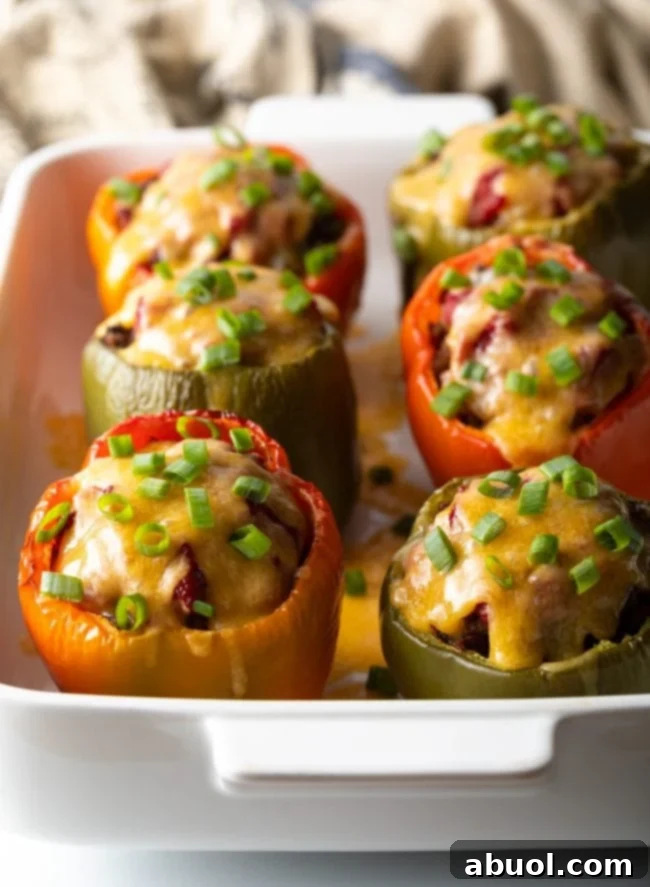 Baked low carb keto ground beef peppers in a casserole dish.