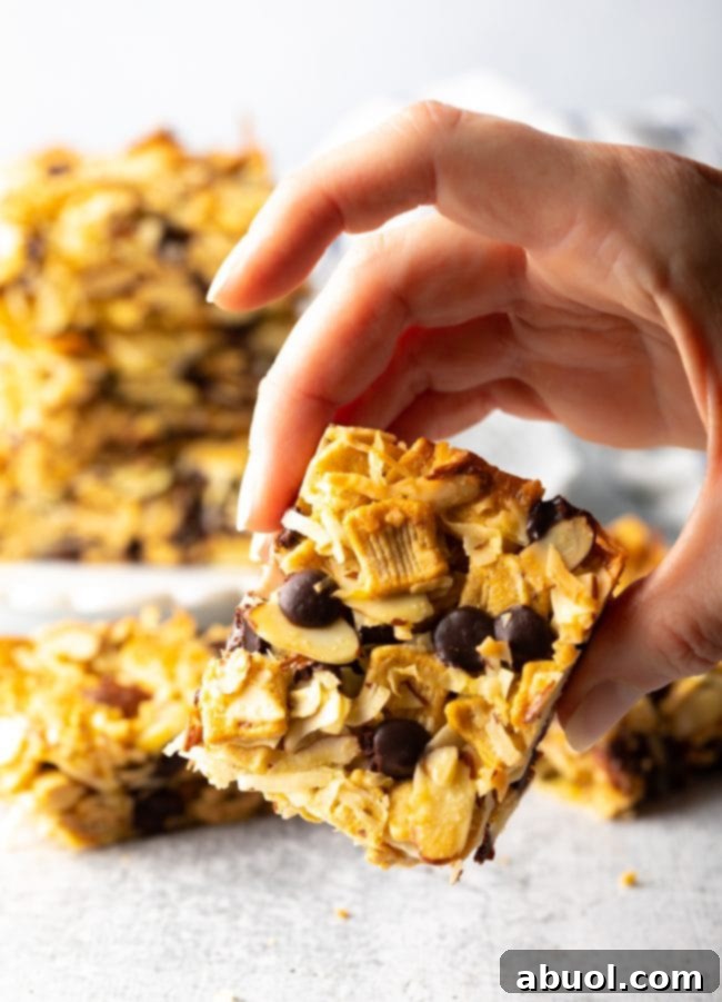 Low Carb Keto Cereal Snack Bars 2 Hand holding a low carb keto cereal snack bar with visible cinnamon crunch, chocolate chips, almonds and coconut.