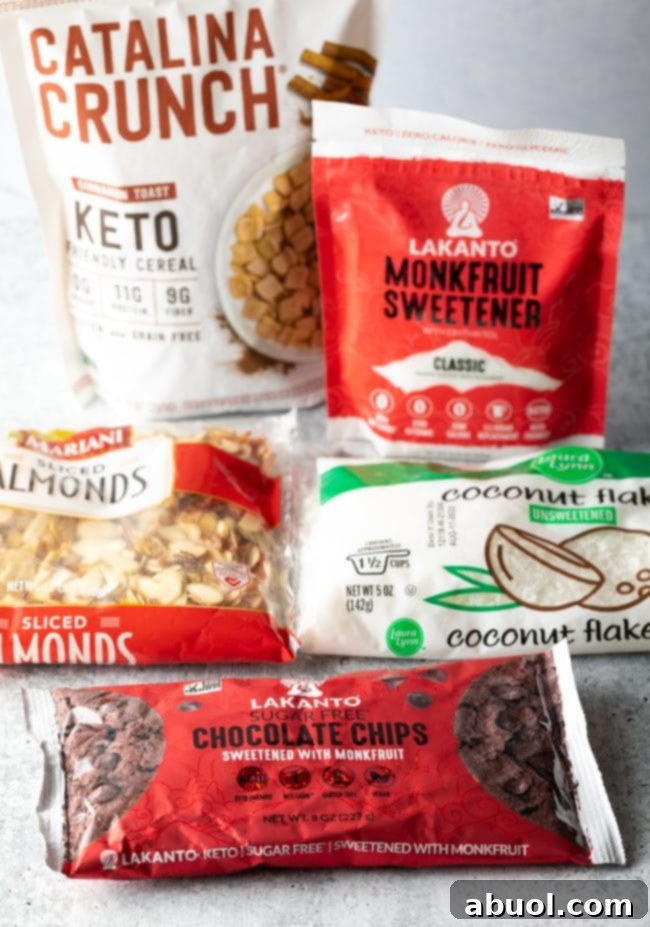 Low Carb Keto Cereal Snack Bars 4 Recipe ingredients in their packages: Keto chocolate chips, unsweetened coconut, sliced almonds, and monk fruit sweetener.