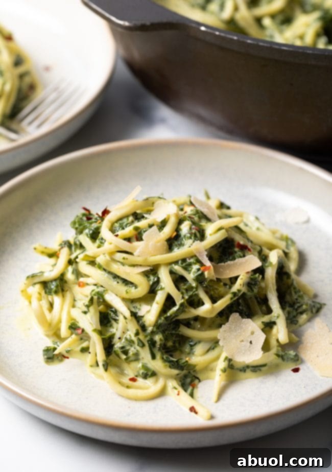 A single plate of finished hearts of palm pasta with spinach cream sauce, topped with grated cheese.