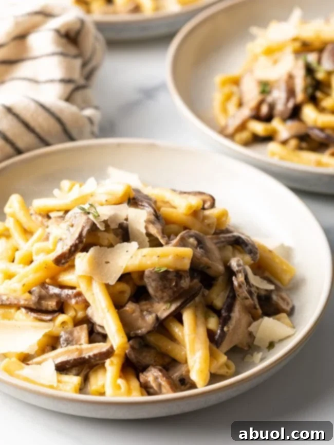 Close up view of a bowl of Gemelli pasta with creamy mushroom sauce, garnished with fresh parsley.