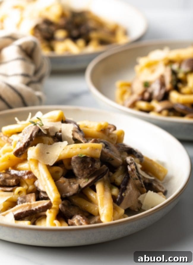Close up view of plated pasta with creamy mushroom Parmesan sauce, garnished with fresh herbs.