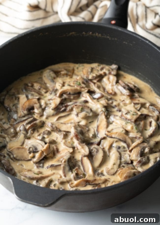 A skillet containing mushrooms, herbs, and heavy cream simmering together.
