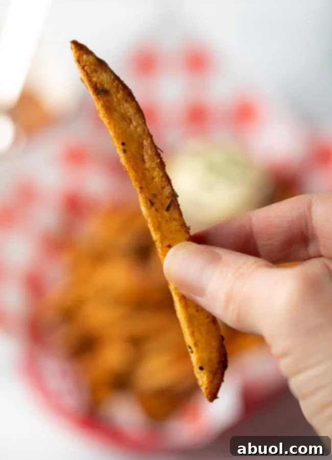 Hand holding one spiced fry to camera.