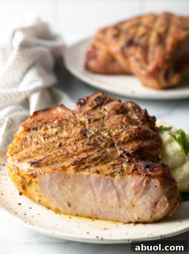 Juicy smoked pork chops cooked on a wood pellet grill, showing a perfect sear and smoky flavor.