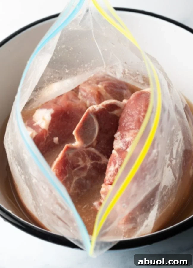 Bone-in pork chops soaking in an apple cider brine inside a sealed plastic zipper bag.