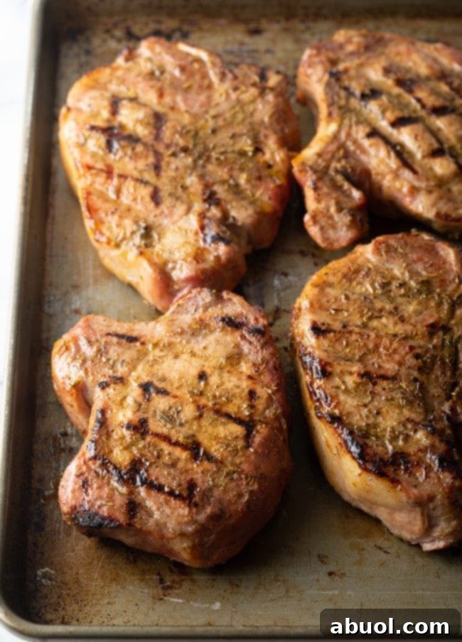 Freshly cooked and seasoned pork chops resting on a baking tray after being removed from the smoker.