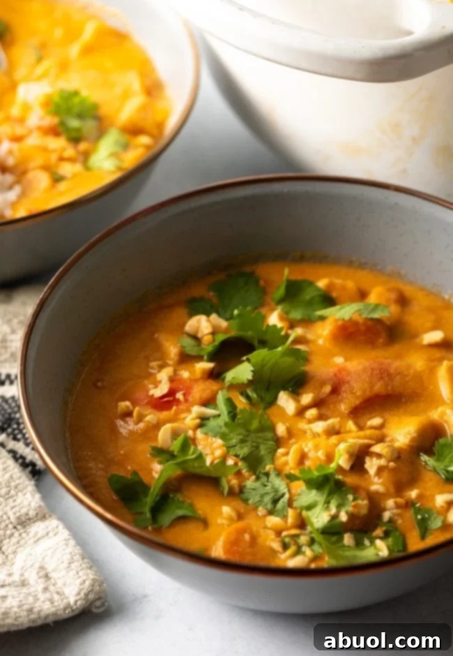 Close-up view of a steaming bowl of Maafe, generously topped with finely chopped roasted peanuts and fresh cilantro leaves, ready to be enjoyed.