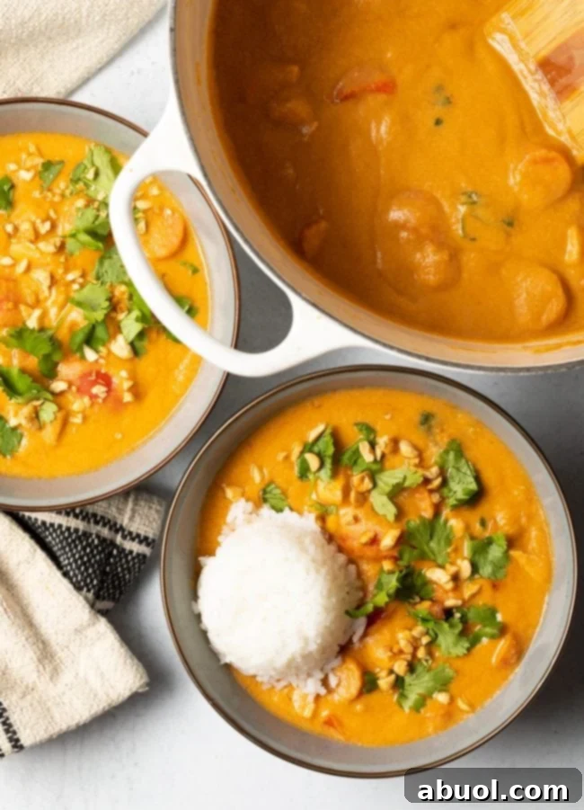 Top-down view of two beautifully presented bowls of African peanut soup, each served with a perfect scoop of white rice nestled within the rich broth.