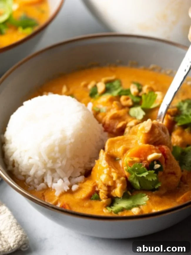 A bowl of Maafe, West African peanut soup, with a side of white rice. A metal spoon is scooping up some of the rich, creamy soup.