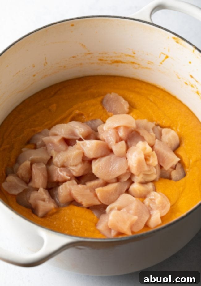 A large pot on the stove containing the creamy peanut butter base and chunks of uncooked chicken, beginning to simmer for Maafe.