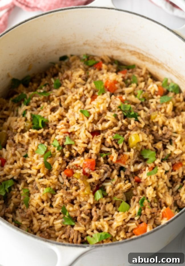 Top down view of Cajun dirty rice in a large pot.