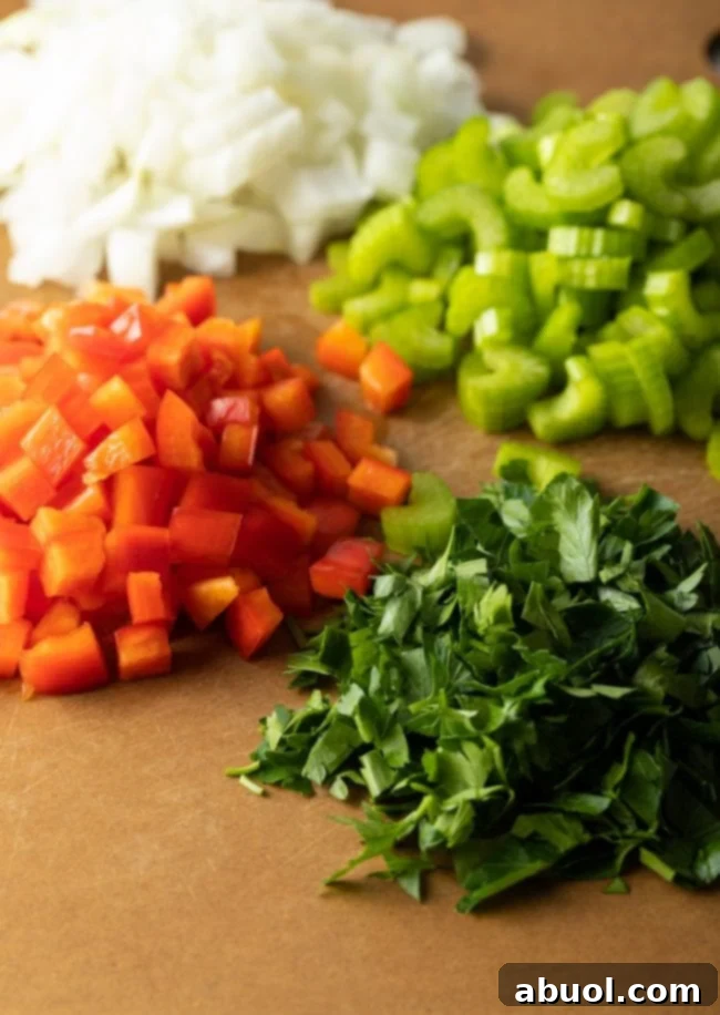 Chopped fresh ingredients on a cutting board. 