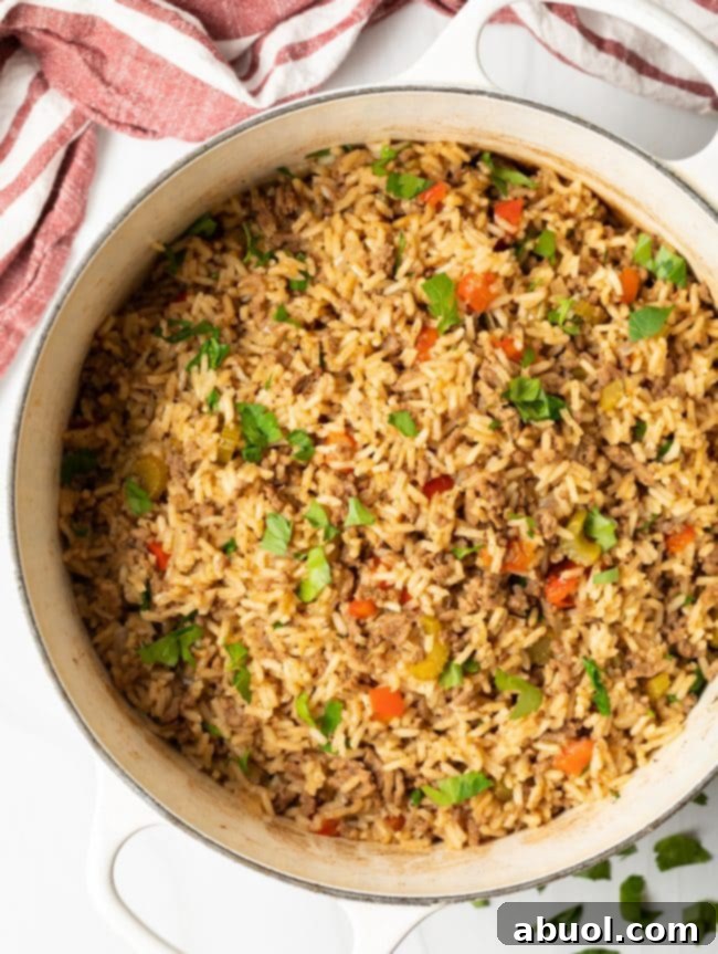 Top down view pot of creole rice sprinkled with fresh parsley.
