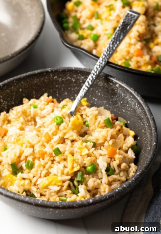 A bowl of perfectly cooked fried rice with a spoon resting in it, ready to eat.