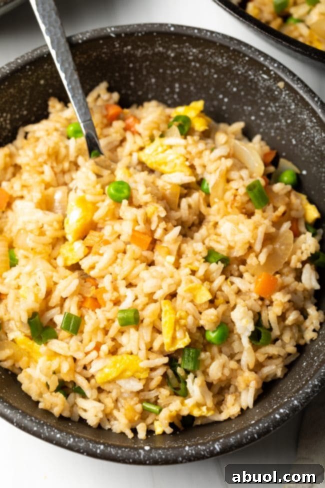 Close top down view of flavorful veggie fried rice with scrambled egg and fresh scallions in a bowl.