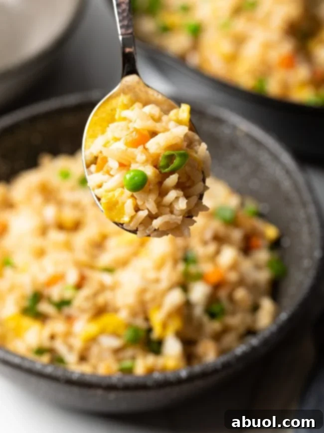 A spoonful of fluffy fried rice with scrambled egg and mixed vegetables, held up towards the camera.