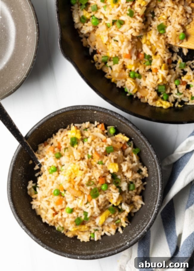 Top down view of plated hibachi rice. 