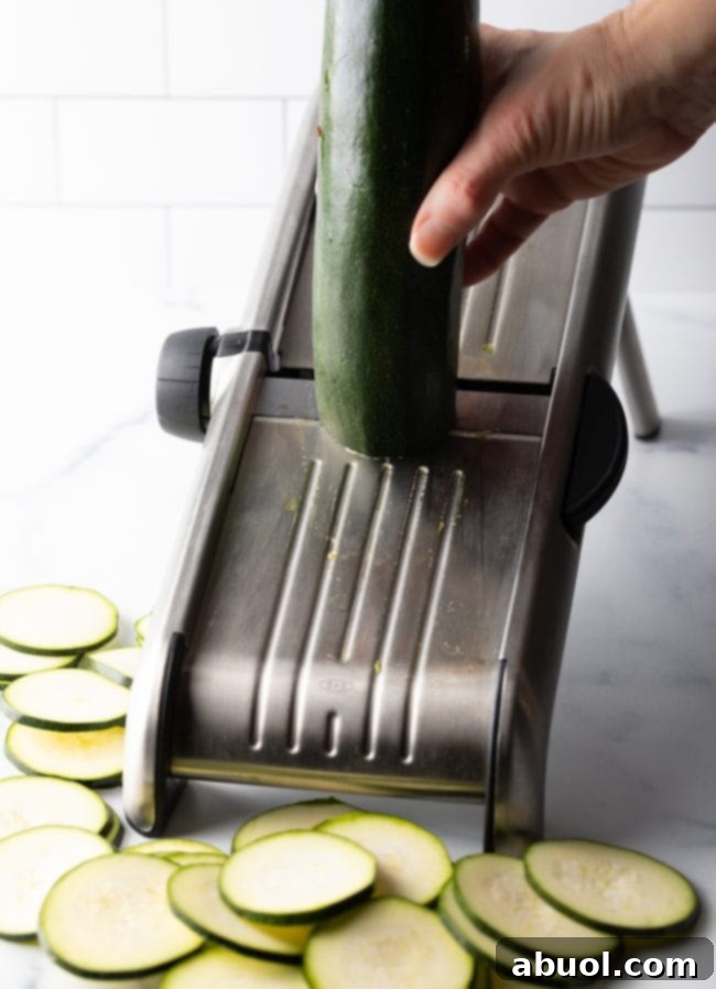 Crispy Air Fryer Zucchini Crisps 5 Hand holding full zucchini, slicing down a metal mandolin.