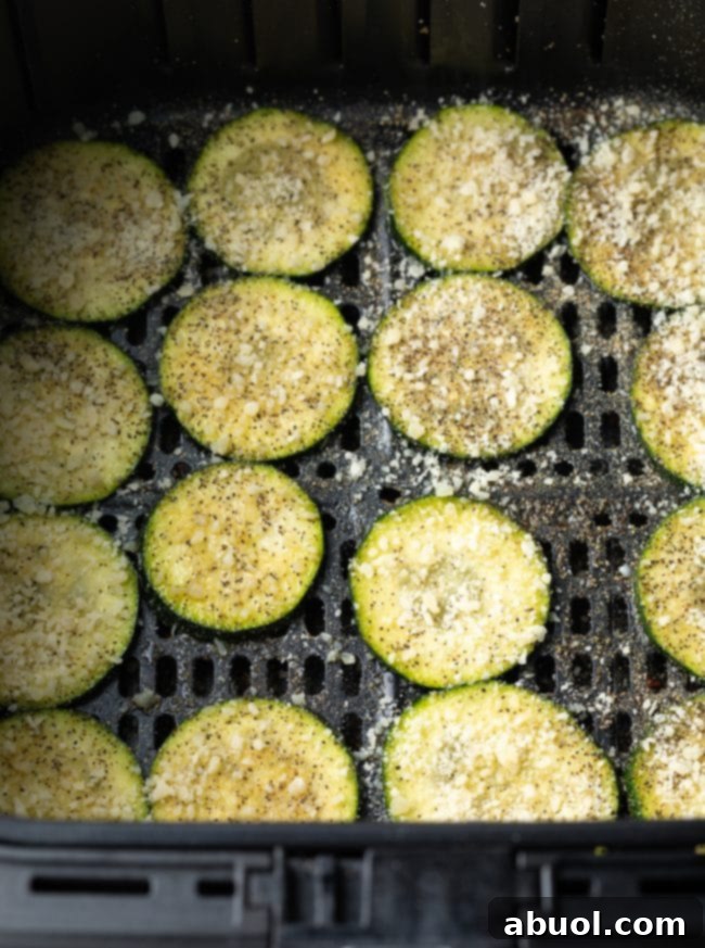 Crispy Air Fryer Zucchini Crisps 8 Top down raw slices of zucchini in an air fryer, dusted with spices and parmesan cheese.