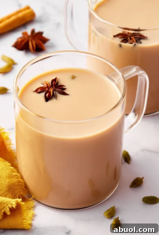 Graphic with text how to make Indian chai tea with photo of tea in a clear mug.