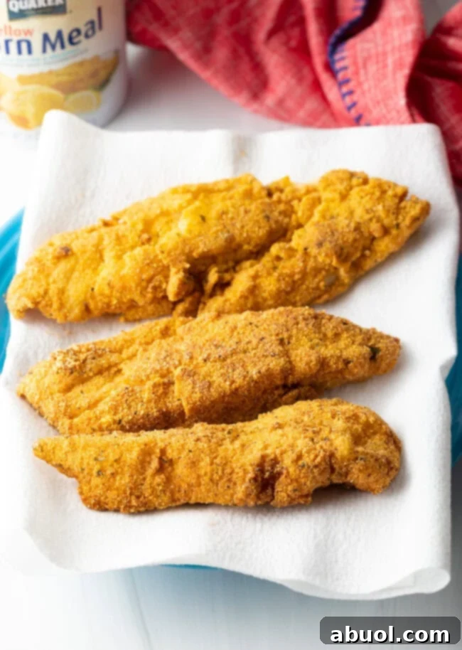 A raw fish fillet being carefully coated in the cornmeal seasoning mixture, ensuring every part is covered for maximum crispiness. The dry blend adheres perfectly to the moist fish.