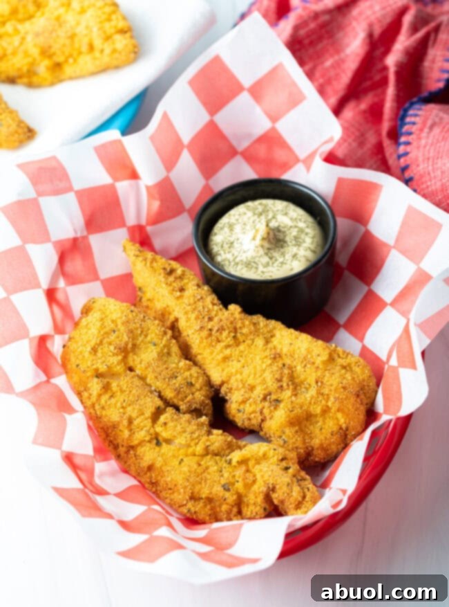 A top-down view of two beautifully fried fish fillets served in a rustic basket, perfectly golden and crispy, ready to be enjoyed with a side of dipping sauce.