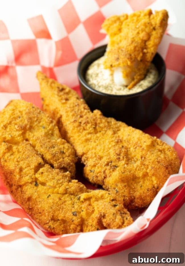 A close-up view of two pieces of golden fried fish in a basket, with one piece being dipped into a ramekin of creamy tartar sauce. The steam rising from the fish suggests it's fresh and hot, ready to be enjoyed.