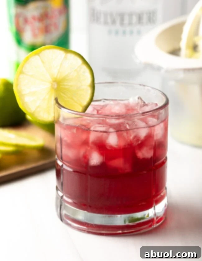 Close view of a classic transfusion drink, perfectly garnished with a lime slice, highlighting its refreshing appeal.