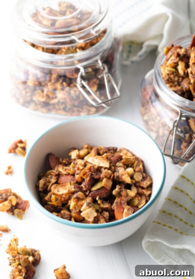 Ultimate Keto Granola Crunch 14 Top view white bowl with granola.