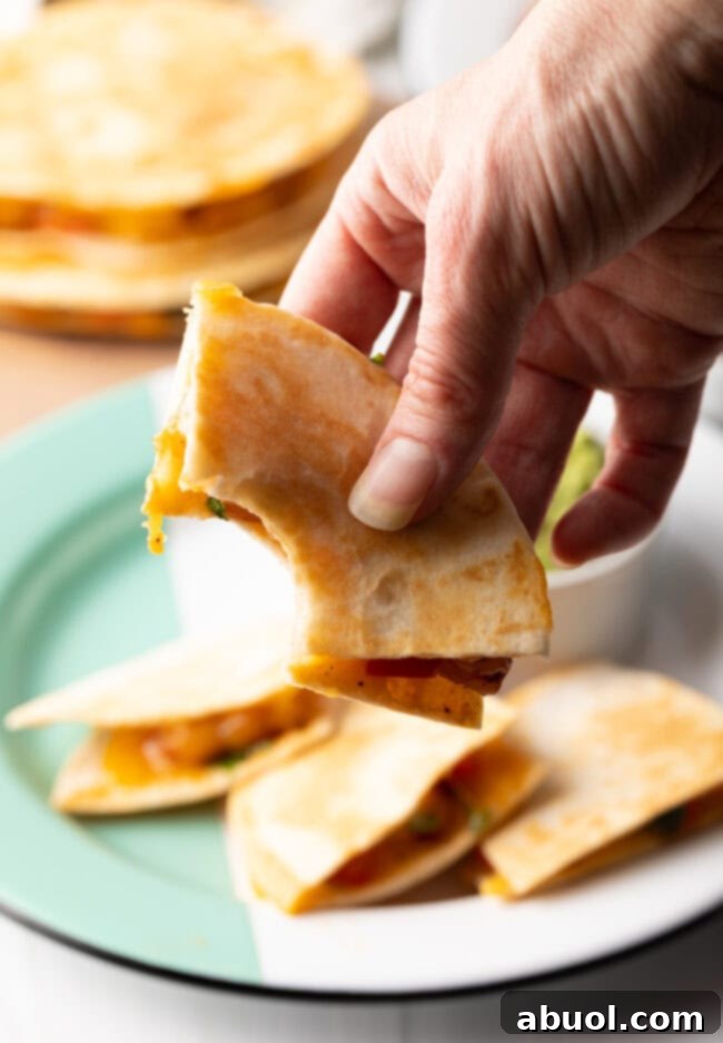 Hand holding quesadilla to camera with bite taken out.