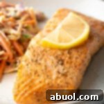 Final plated air fryer salmon with crispy skin.