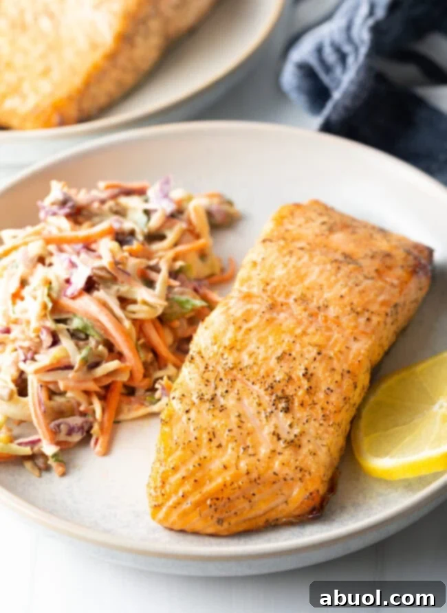 Beautifully plated fillet of air-fried salmon with fresh coleslaw.