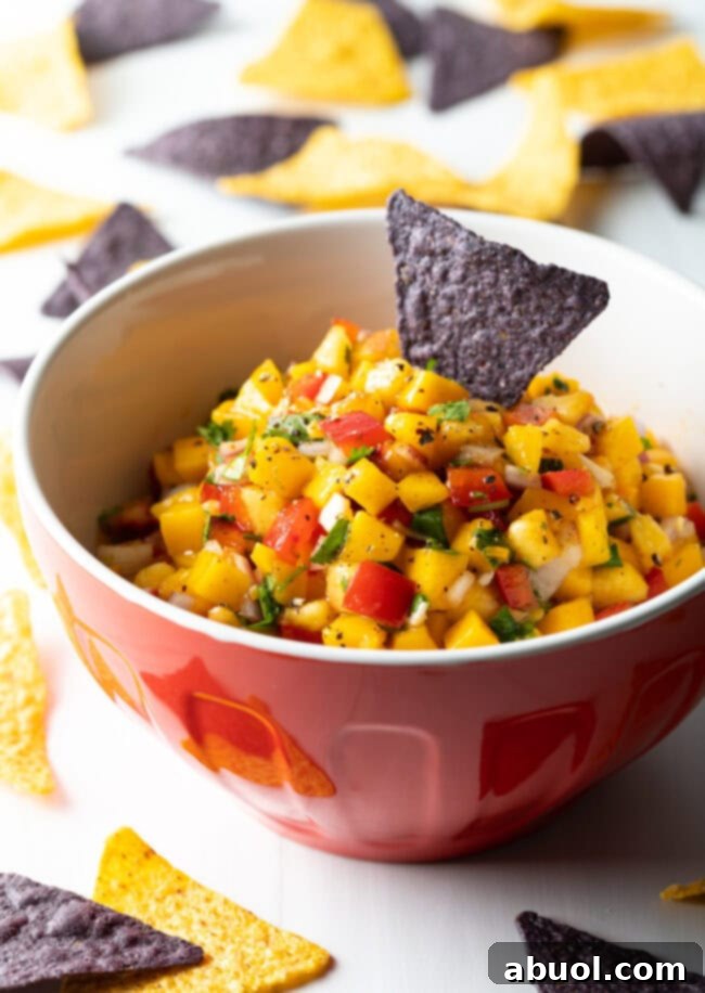 Chunky peach pico de gallo with mango and habanero in a bowl, accompanied by a corn tortilla chip, highlighting its texture.