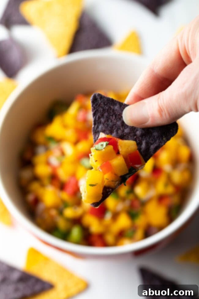 Hand holding a blue corn tortilla chip loaded with colorful peach mango habanero salsa, presented towards the camera.