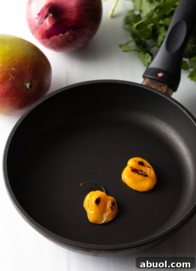 Two habanero peppers lightly charred and roasting in a small nonstick skillet.