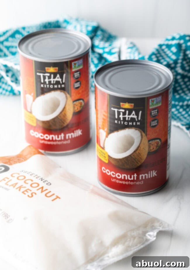 Two cans of unsweetened full-fat coconut milk, ready for use in the recipe.
