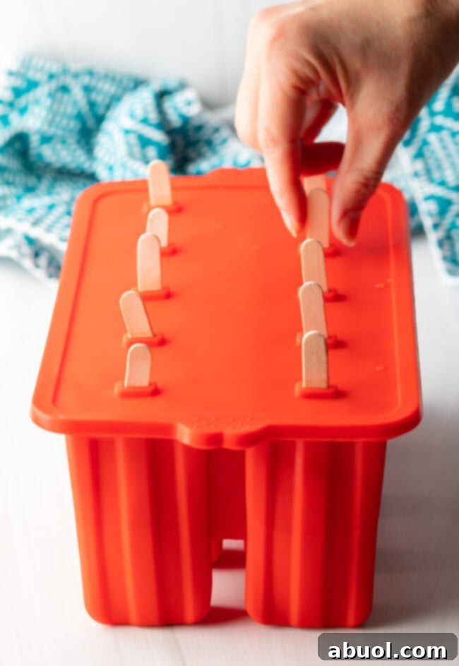Securing the lid and inserting popsicle sticks into the filled molds before freezing.