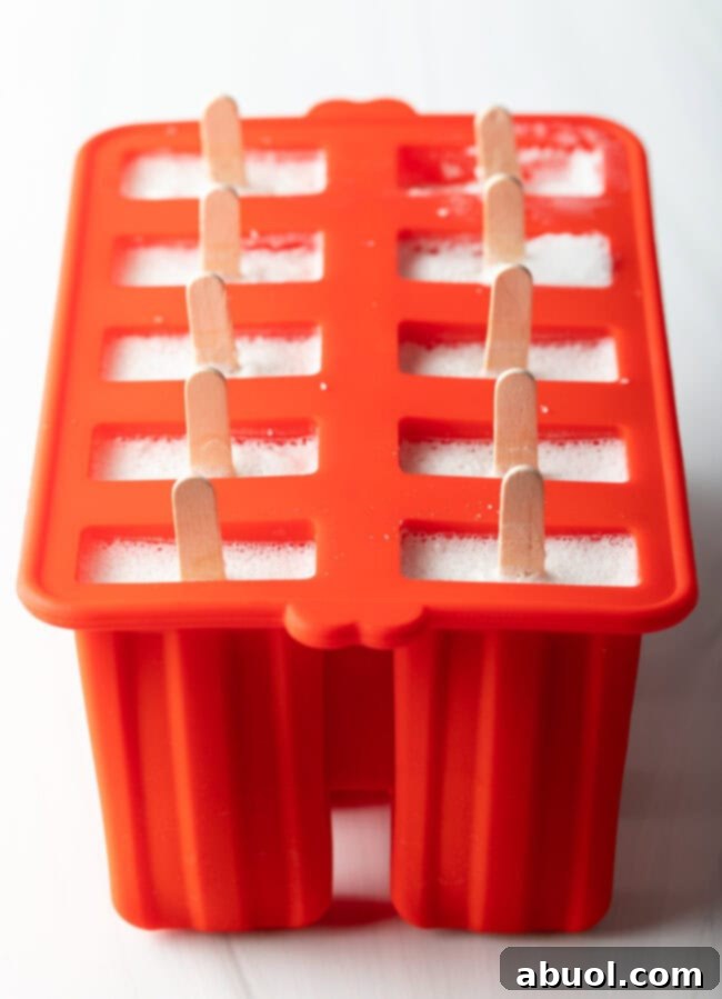 Frozen popsicle molds with the lid removed, revealing the tops of the solid popsicles.