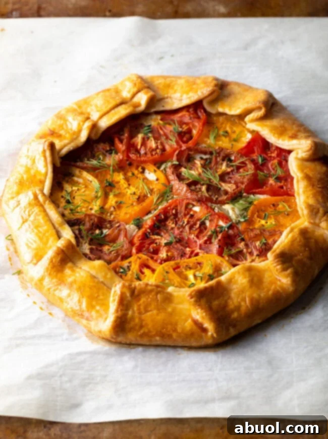 Freshly baked savory Italian Tomato Pie (galette) with vibrant heirloom tomatoes and goat cheese filling, ready to serve.