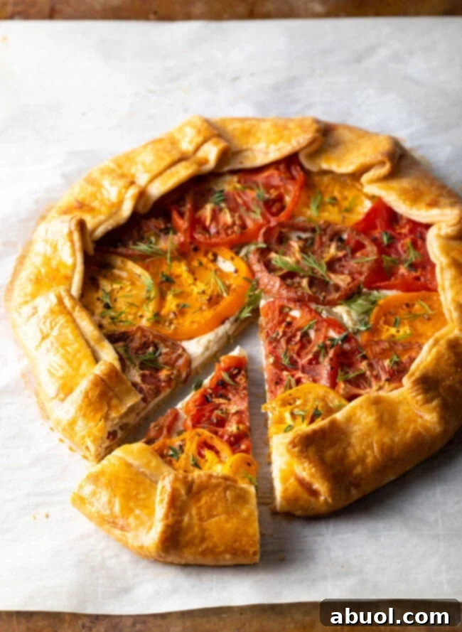 A beautifully baked savory crostata on parchment paper, with a slice removed to highlight its vibrant layers and flaky texture.