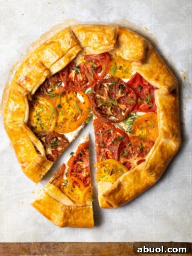 Top-down view of a savory tomato crostata with a slice carefully pulled to the side, revealing the creamy goat cheese layer and flaky crust.