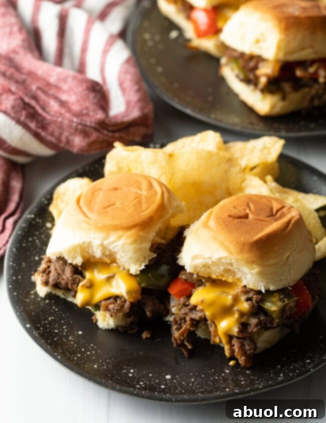 Top view plate of philly beef sliders.