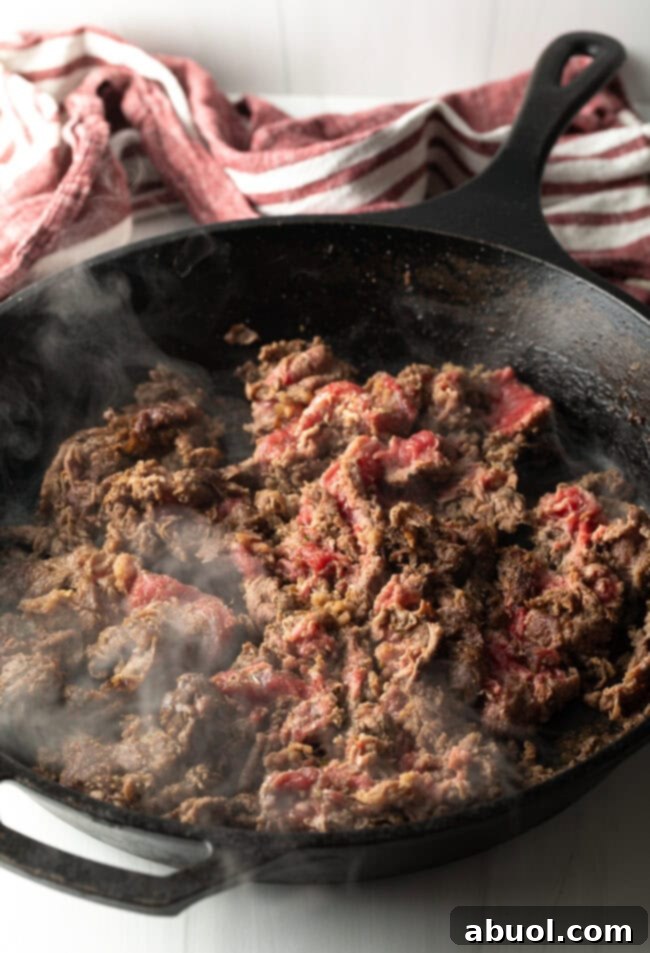 Cooking steak in a skillet.