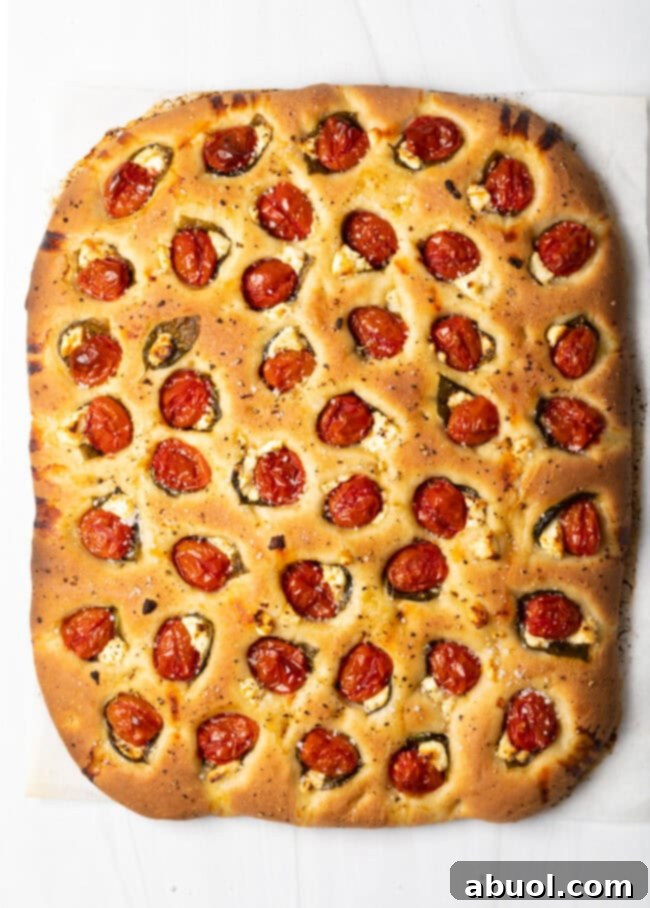 Top-down view of focaccia dough covered with bright red tomatoes, fresh green basil, and white goat cheese dollops before baking.