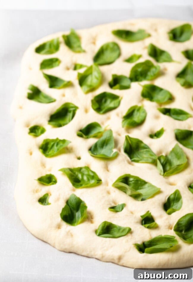 Close-up of focaccia dough with basil leaves and small clumps of goat cheese being added to the dimples.